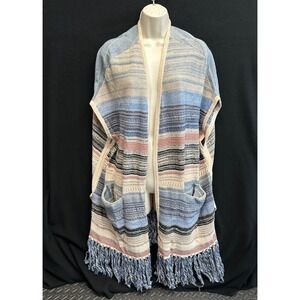 Liverpool Los Angeles Blue Multi Stripe Fringe Poncho Vest M/L LM8864SW84